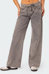Tie Waist Washed Low Rise Baggy Jeans