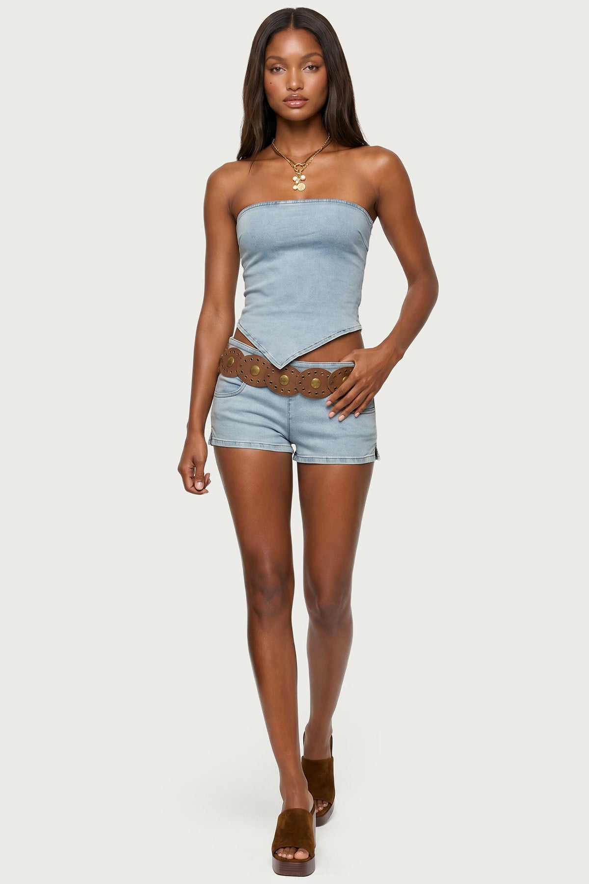 Zaida Asymmetric Denim Strapless Top
