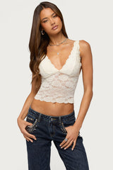 Vanya Sheer Lace V Neck Top