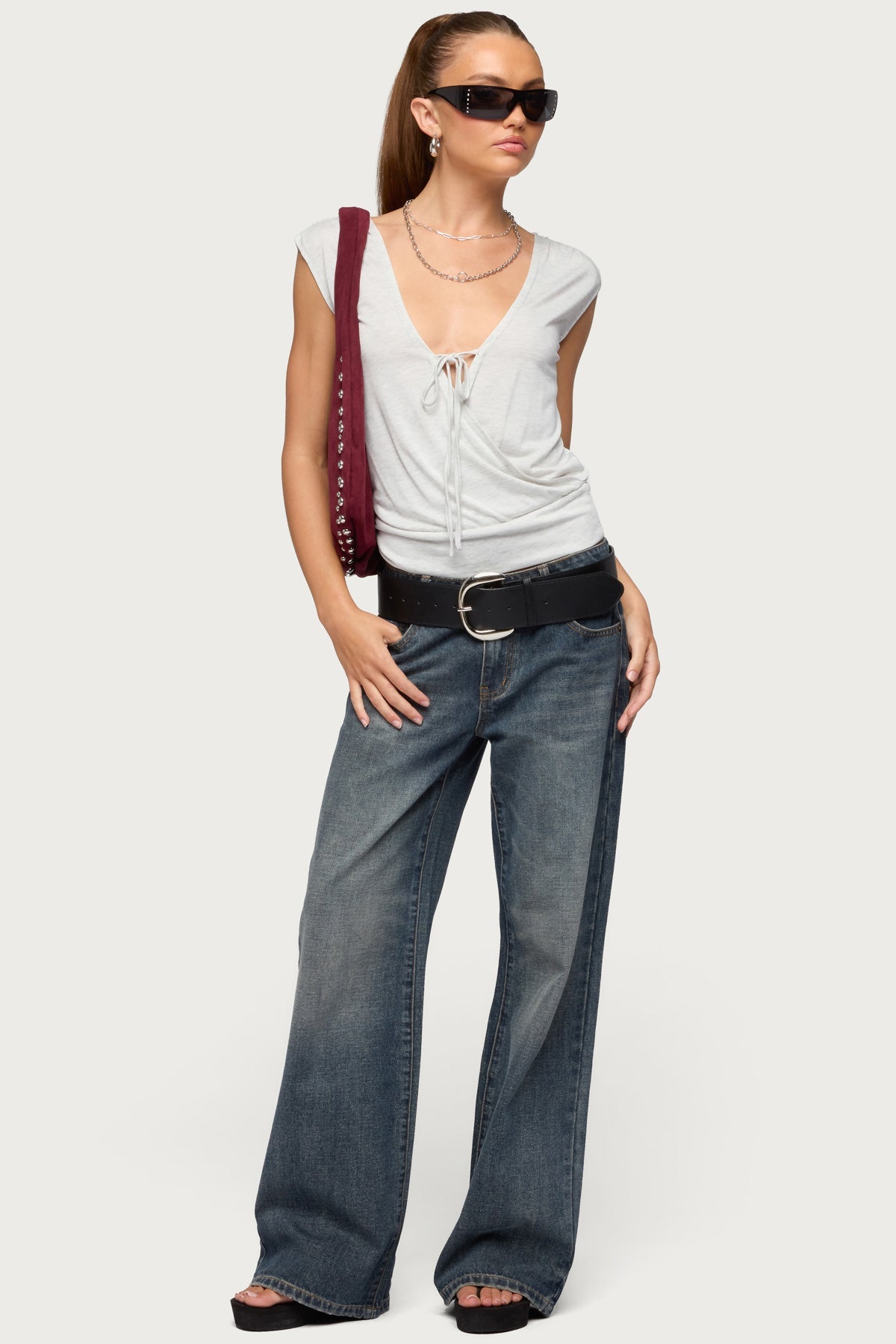 Tie Front V Neck Wrap Top