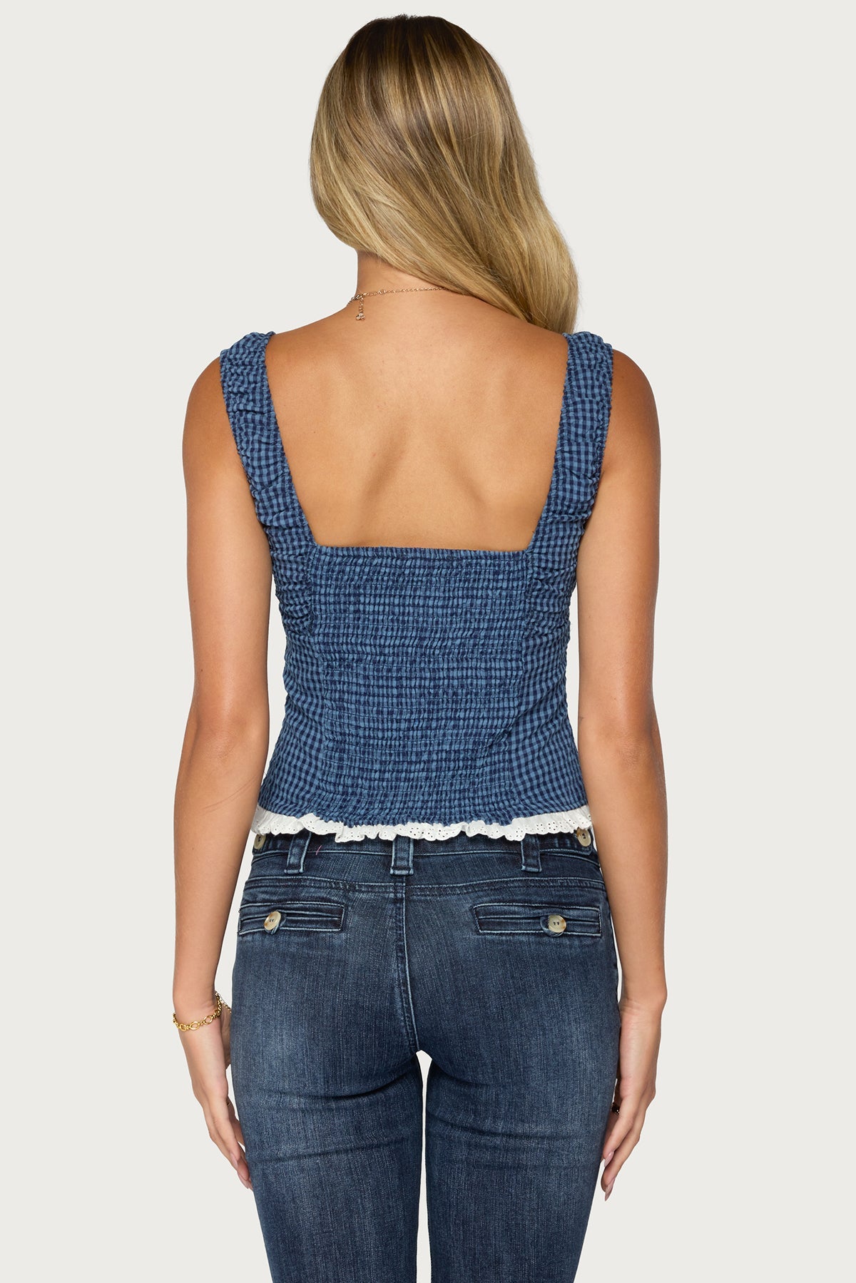 Zeffie Textured Gingham Tie Front Top